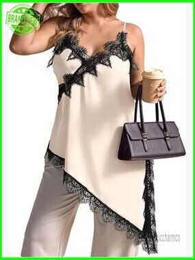 Plus Size Satin Lace Trim Cami V Neck Side Slit Asymmetrical Long Tank